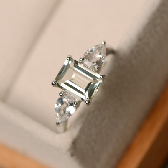 Green Amethyst Statement Ring With Pear Side Stones, Sterling Silver, Three Stone Ring, Mother's Day Gift