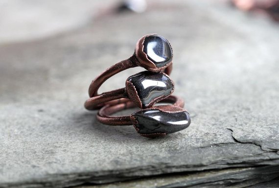 Tumbled Hematite Ring - Silver Grey Stone Ring - Men's Jewelry
