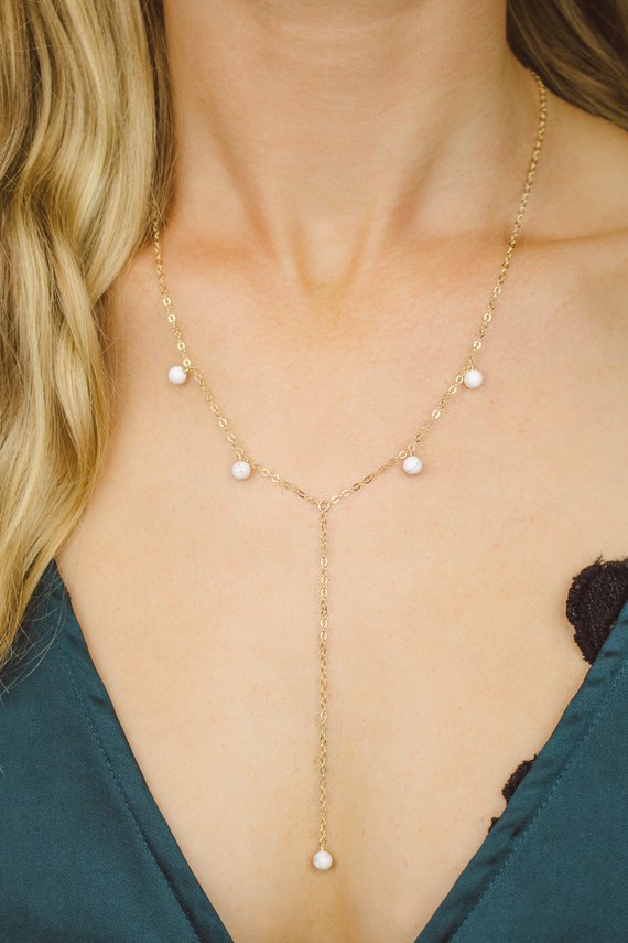 White Howlite Boho Bead Drop Lariat Necklace In Bronze, Silver, Gold Or Rose Gold - 18" Chain With 2" Adjustable Extender And 3" Drop