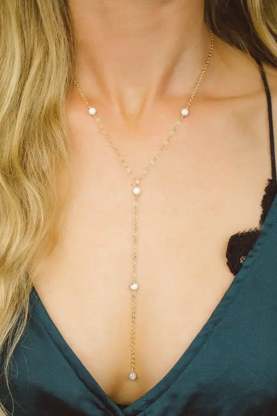 White Howlite Crystal Beaded Chain Lariat Necklace In Bronze, Silver, Gold Or Rose Gold. 16" Chain With 2" Adjustable Extender And 4" Drop