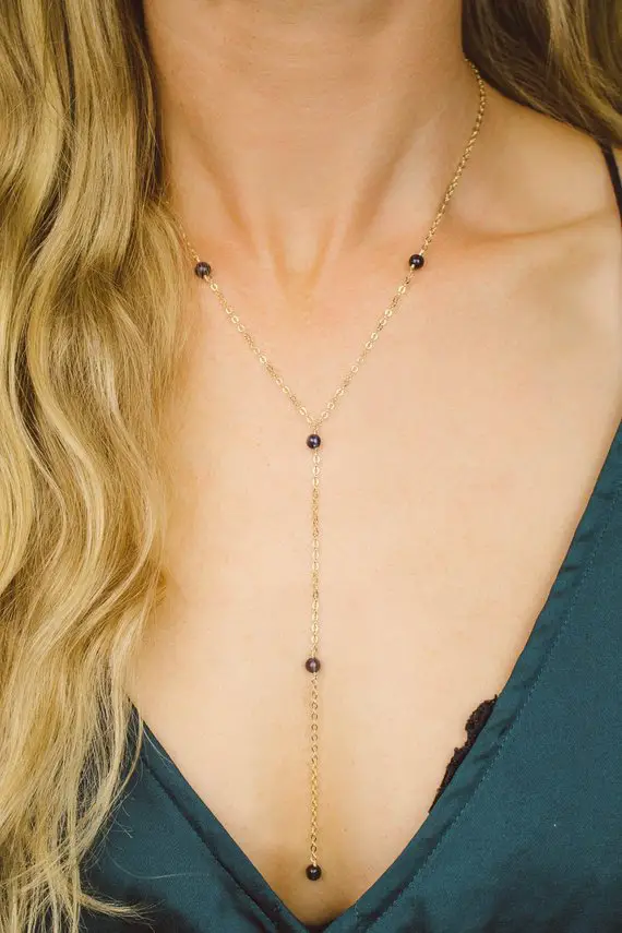 Iolite Crystal Bead Chain Lariat Necklace In Bronze, Silver, Gold Or Rose Gold. 16" Chain With 2" Adjustable Extender. September Birthstone