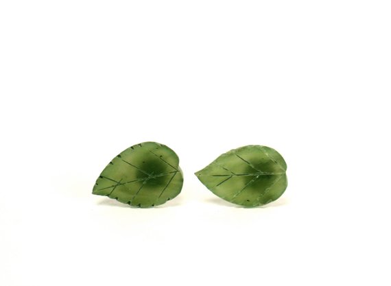 Leaf Earrings - Leaf Studs - Jade Earrings - Nature - Green Leaf Earrings - Green Leaves - A Pair Of Carved Jade Leaf Stud Earrings