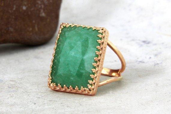 Green Aventurine Ring · Rose Gold Filled Ring · Rectangle Ring · Crown Ring · Statement Ring Women · Large Gold Ring · 14 Karat Ring