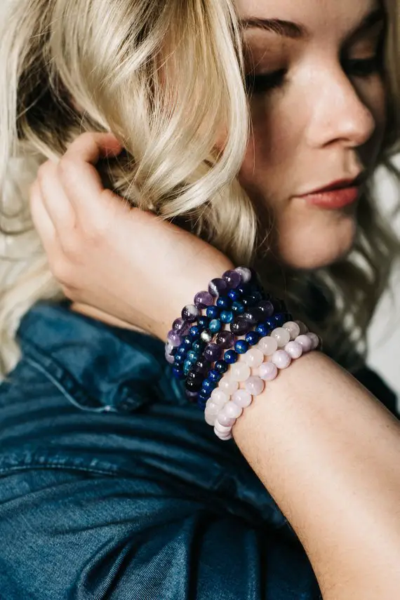 Kunzite Bracelet | Natural Crystal Bead Bracelet | Gold Or Silver Pink Kunzite Jewelry | Men’s, Women’s Stretch Bracelet