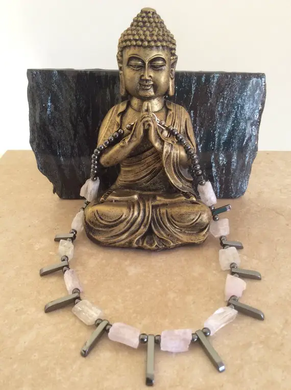 Kunzite/hiddenite And Hematite Crystal Bib Necklace, Vibrationaljewellery For Grounding Higher Heart Love, Gift For Her