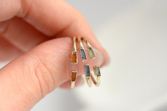 Set Of 3 Rings Adjustable Colourful Raw Kyanite Ring Set. Blue, Green, Orange Gemstone Ring Set. Unique Kyanite Ring Set. Green Kyanite Ring