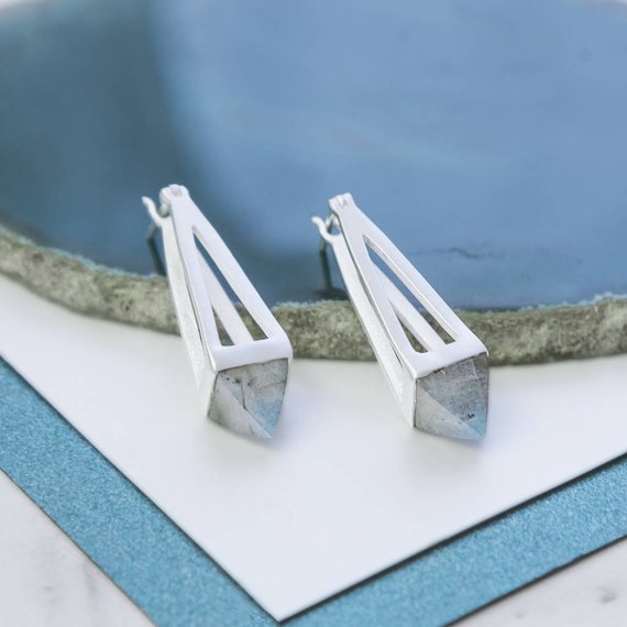 Sterling Silver Labradorite Earrings, Pyramid Drop Earrings, Labradorite Earrings, Silver Gemstone Earrings, Geometric Earrings, Embers, 925