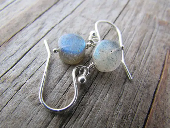 Labradorite Earrings, Tiny Labradorite Coin Beads, Silver Dangle Earrings
