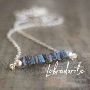 Shop Labradorite Jewelry! Labradorite Bar Necklace, Bridesmaid Gifts, Layering Necklace | Natural genuine Labradorite jewelry. Buy crystal jewelry, handmade handcrafted artisan jewelry for women.  Unique handmade gift ideas. #jewelry #beadedjewelry #beadedjewelry #gift #shopping #handmadejewelry #fashion #style #product #jewelry #affiliate #ad