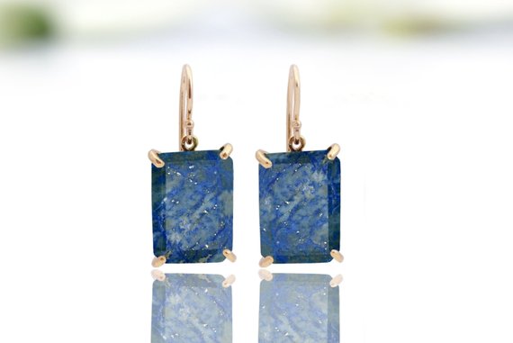 14k Solid Gold Rectangle Lapis Earrings · September Birthstone Earrings · Statement Dangle Earrings · Lapis Lazuli Emerald Cut Earrings