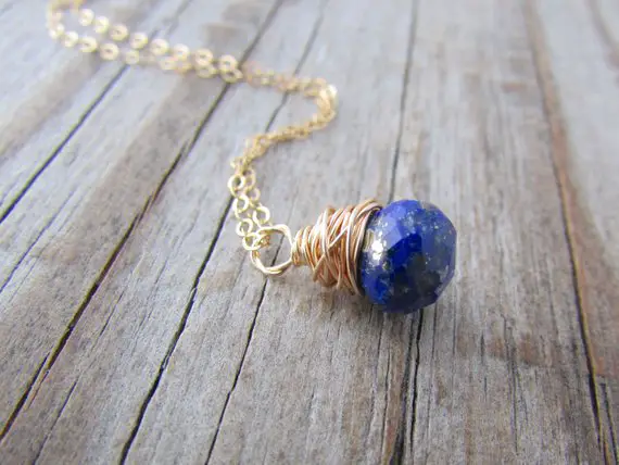 Lapis Necklace, Small, Minimalist, Gold, Wire Wrapped, Faceted Lapis Pendant
