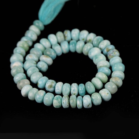 Larimar Smooth Rondelle 8 Mm Beads 16 Pieces Of Aqua Blue White Cream Exotic Gemstones