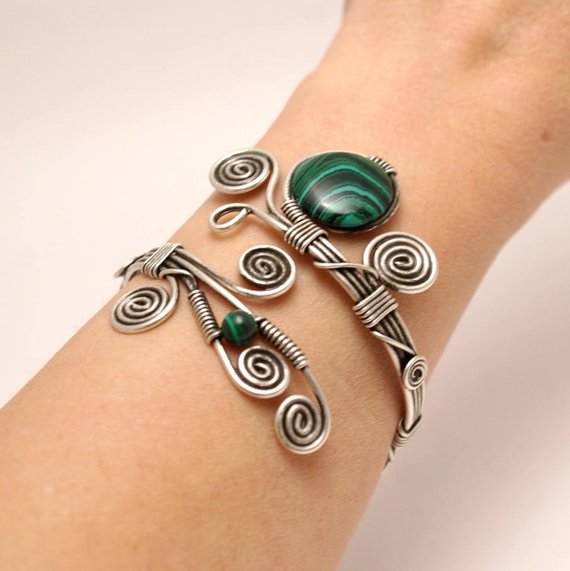 Malachite Bracelet, Malachite Bangle, Green Stone Bracelet, Silver Cuff Bracelet For Women, Wire Wrapped Jewelry, Unique Bracelet For Women