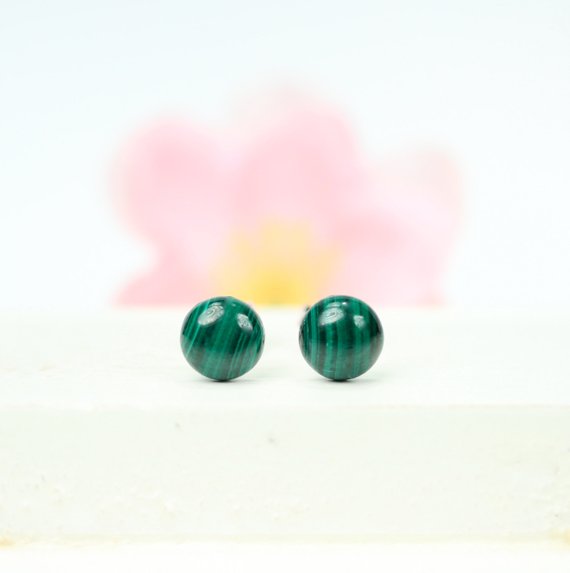 Malachite Earrings, Round Green Earrings Sterling Silver, Green Dot Stud Earrings, Everyday Post Earrings, Circle Earrings, Gift Under 20