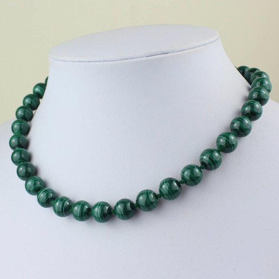 Malachite Necklace 10mm Green Malachite Beads Necklace Hand Knotted 16". Genuine Natural 10 Mm Malakite Stone. Mapenzigems