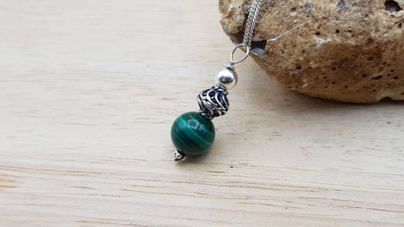 Minimalist Green Malachite Pendant Necklace. Crystal Reiki Jewelry Uk. Twisted Wire Bali Silver Bead Necklace