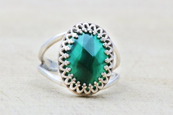 Silver Malachite Ring · Gemstone Ring · Oval Stone Ring · Faceted Ring · Silver Rings · Malachite Jewelry · Green Ring