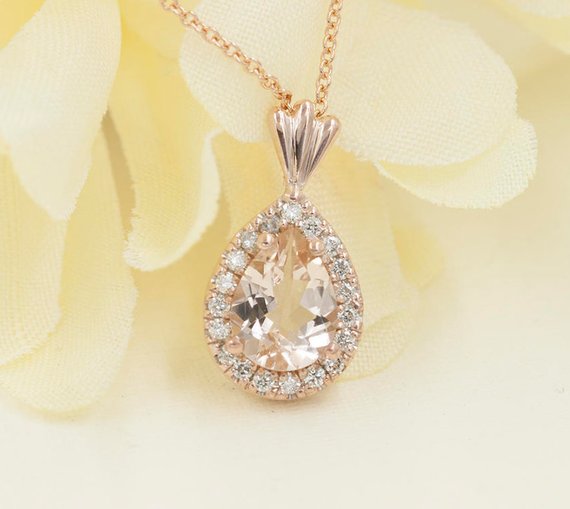 14k Morganite Diamond Necklace / Diamond Necklace / Morganite Necklace/ Rose Gold / Morganite Pendant / Necklace For Women