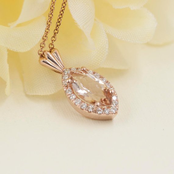 14k Morganite Diamond Necklace / Morganite Necklace / Rose Gold / Women's Simple Necklace / Diamond Necklace / Morganite Pendant