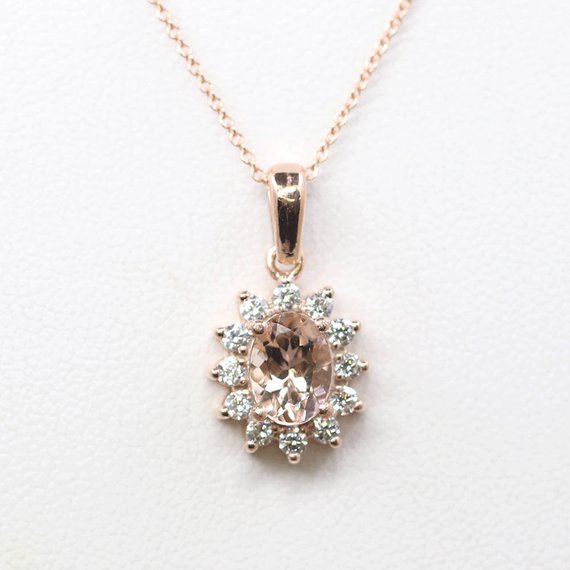 14k Oval Morganite Diamond Sunflower Necklace / Morganite Necklace / Rose Gold / Diamond Necklace / Morganite Pendant / Everyday Necklace