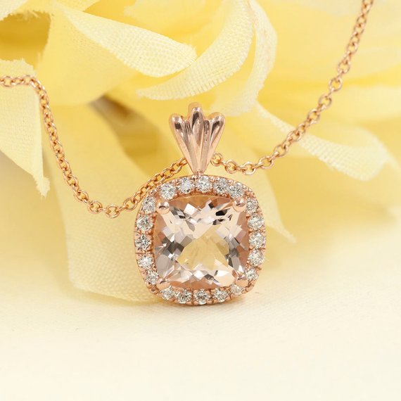 14k Cushion Morganite Diamond Necklace / Morganite Necklace / Rose Gold / Diamond Necklace / Necklace For Women / Morganite Pendant