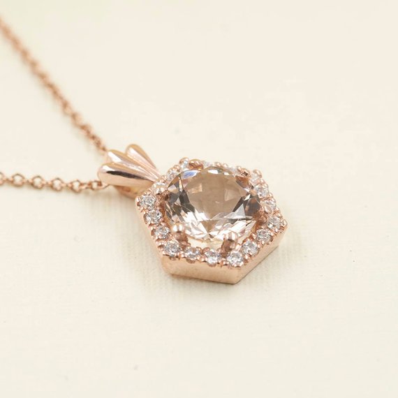 14k Morganite Diamond Hexagon Necklace / Morganite Necklace / Diamond Necklace / Morganite Pendant / Rose Gold / Simple Necklace