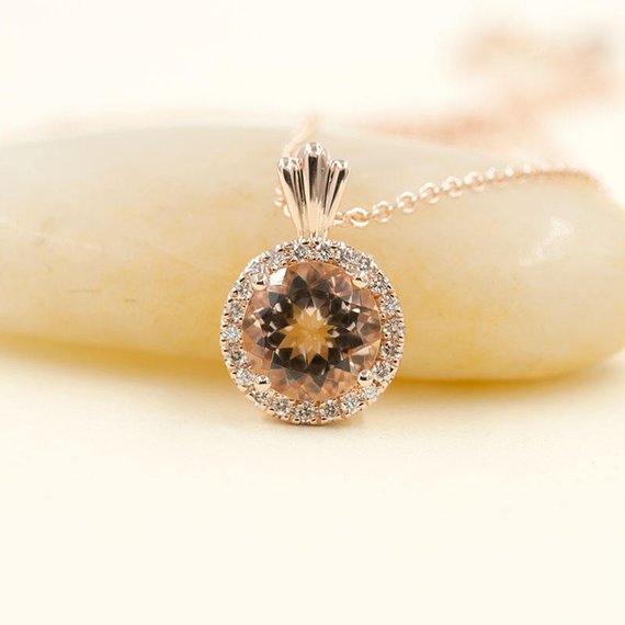 14k Round Morganite Diamond Necklace / Morganite Pendant / Morganite Necklace / Rose Gold / Diamond Necklace / Necklace For Women