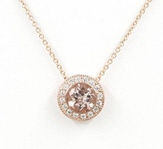 14k 1.3ct Morganite Diamond Halo Necklace / Morganite Necklace / Diamond Necklace / Morganite Pendant / Simple Necklace / Rose Gold