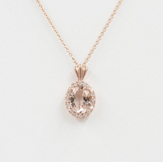 14k 1.2ct Morganite Diamond Halo Necklace / Oval Morganite Necklace / Diamond Halo Necklace / Everyday Necklace / Rose Gold