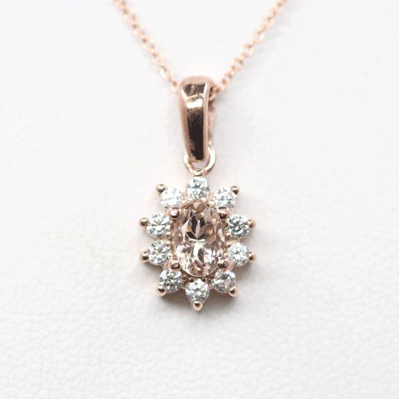 14k Oval Morganite Diamond Sunflower Necklace / Morganite Necklace / Diamond Necklace / Morganite Pendant / Rose Gold / Everyday Necklace