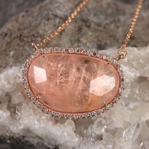 Shop Morganite Pendants! Natural Pave Diamond 7.44 Ct Morganite Oval Shape Pendant Solid 14k Rose Gold Gemstone Necklace Handmade Fine Jewelry/Engagement Gift | Natural genuine Morganite pendants. Buy crystal jewelry, handmade handcrafted artisan jewelry for women.  Unique handmade gift ideas. #jewelry #beadedpendants #beadedjewelry #gift #shopping #handmadejewelry #fashion #style #product #pendants #affiliate #ad
