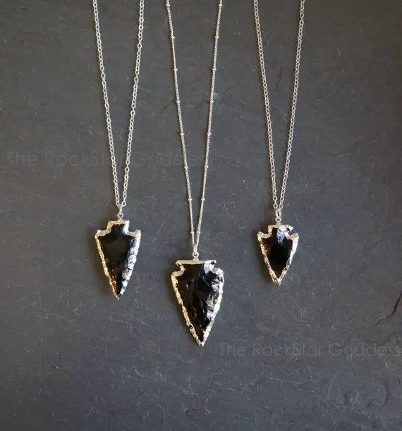 Silver Obsidian Necklace, Arrowhead Necklace, Black Obsidian Necklace, Raw Obsidian Necklace, Obsidian Necklace, Black Arrow Pendant