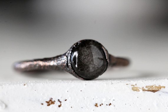 Silver Obsidian Ring - Obsidian Ring - Copper And Crystal Ring - Electroformed Ring - Stacking Ring