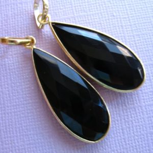 Shop Onyx Bead Shapes! Gemstone Pendant Charm, BLACK ONYX Long Teardrop Tear Drop Bezel Pendant, 24k Plated Sterling Silver, 41×16 mm, gcp5 gp wf | Natural genuine other-shape Onyx beads for beading and jewelry making.  #jewelry #beads #beadedjewelry #diyjewelry #jewelrymaking #beadstore #beading #affiliate #ad
