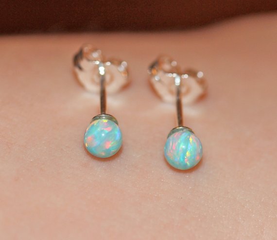 Opal Earrings - Opal Ball Earrings - Opal Stud - Opal Ball Studs - Fire Opal - A Set Of Aqua Green Opal Balls Set Onto Sterling Silver Posts