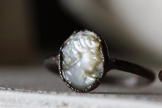 Cameo Ring - Tahitian Black Pearl Ring - Handcarved Ring - Antique Cameo Jewelry