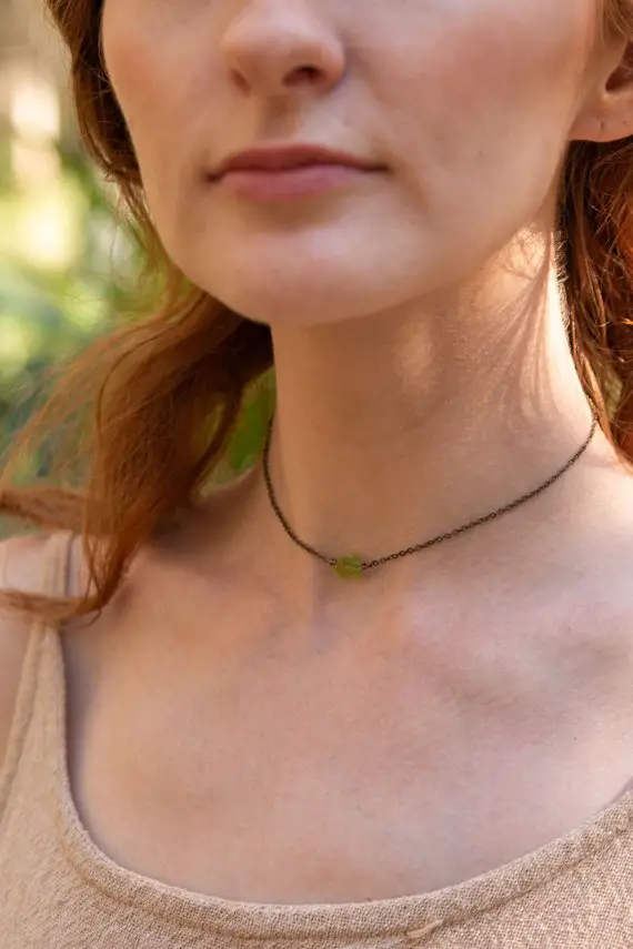 Tiny Raw Green Peridot Crystal Nugget Choker Necklace In Gold, Silver, Bronze Or Rose Gold - Adjustable Length. Handmade To Order