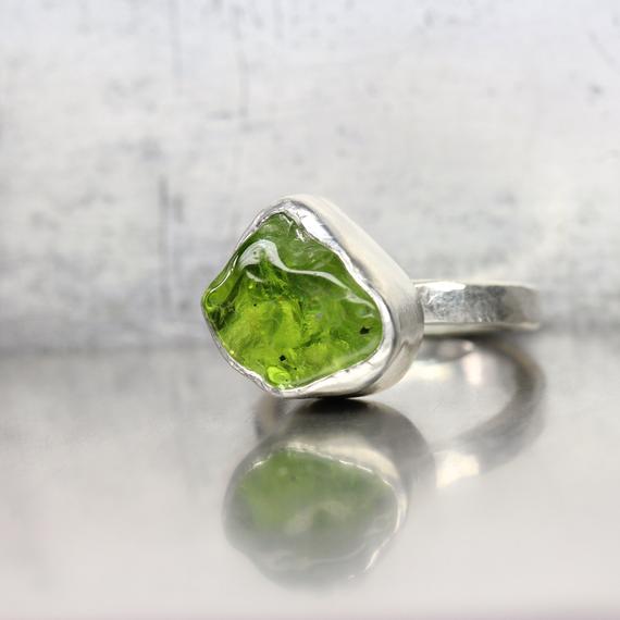 Raw Tumbled Arizona Peridot Silver Ring Rough Uneven Included Green Pear Drop Gemstone Unique Boho August Birthstone Band Her - Include Me