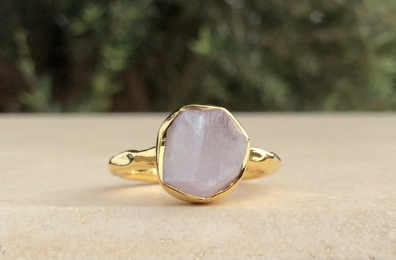 Pink Stone Gold Ring, Raw Kunzite, Bridesmaids Gift, Rough Gemstone Vermeil Ring, Bridesmaid Jewellery