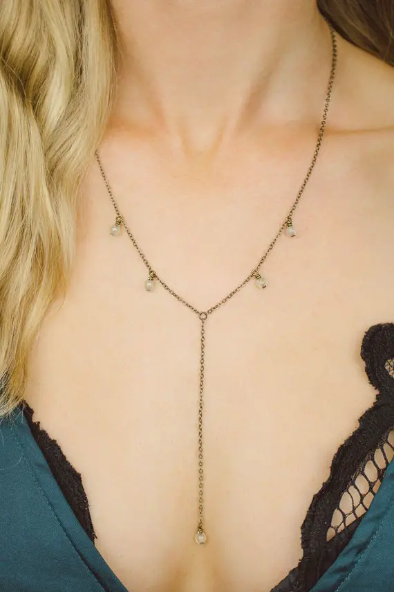 Green Prehnite Boho Bead Drop Lariat Necklace In Bronze, Silver, Gold Or Rose Gold - 18" Chain With 2" Adjustable Extender And 3" Drop