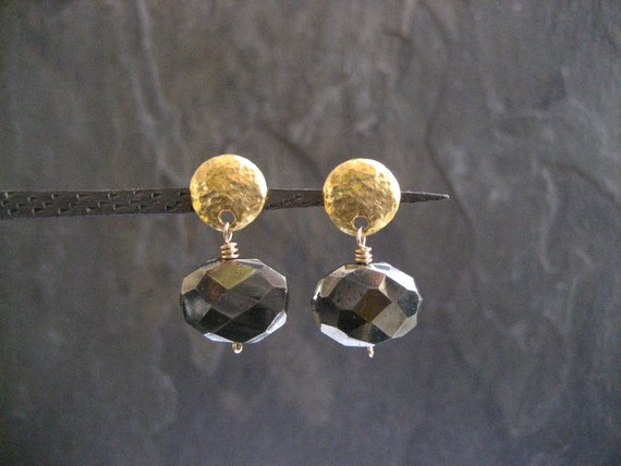 Sparkly Pyrite Nugget Earrings, Shiny Genuine Gemstone Drop, Button Studs With Dangle, Faceted Oval Shaped Stone, Handcrafted
