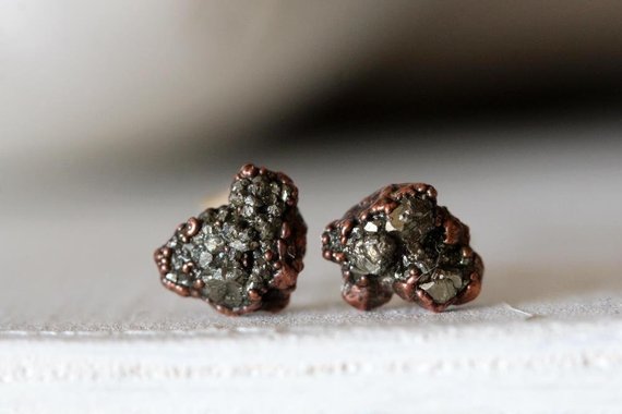 Pyrite Stud Earrings - Raw Stone Posts - Sterling Silver Earrings - Electroformed Fools Gold - Gold Pyrite Posts