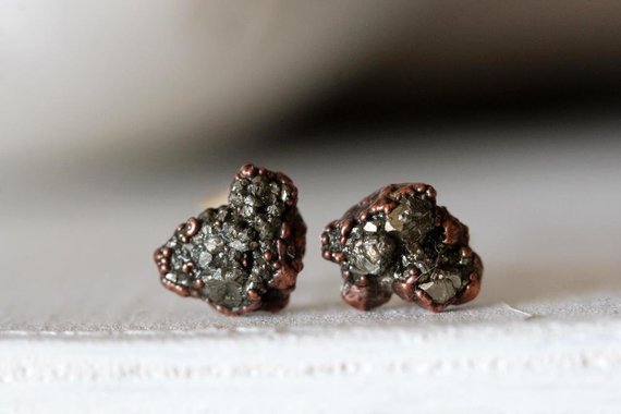 Pyrite Stud Earrings - Raw Stone Posts - Sterling Silver Earrings - Electroformed Fools Gold