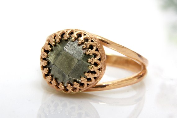 Rose Gold Pyrite Ring · Pyrite Jewelry · Round Gem Ring · Round Cut Ring · Faceted Ring · Gray Ring