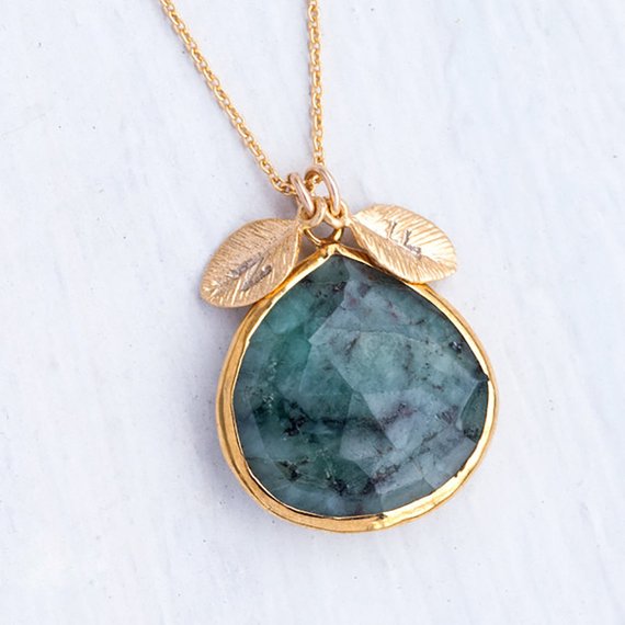 Raw Emerald Necklace Gold, Custom Initial Necklace, Stamped Personalized Jewelry, Present For Mom, May Birthstone Necklace, Nk-20