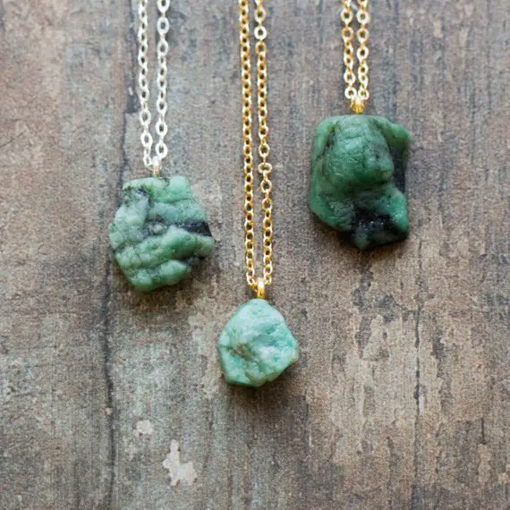 Raw Emerald Necklace, May Birthstone Jewelry, Crystal Pendant Necklaces For Women In Sterling Silver & Gold