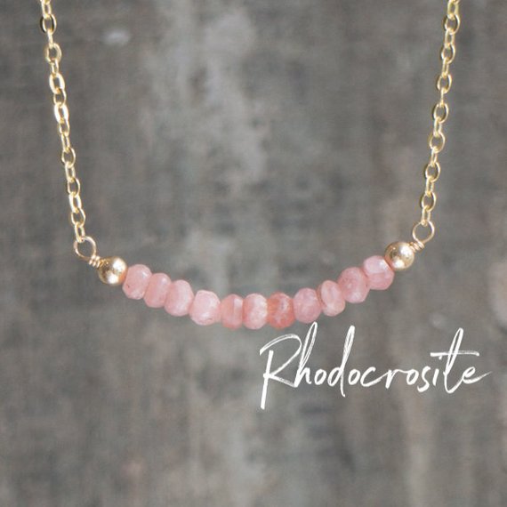 Rhodochrosite Necklace, Girlfriend Gift For Her, Pink Necklace, Rhodochrosite Jewelry, Gemstone Bar Necklace, Heart Chakra Necklace