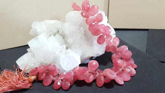 Rhodochrosite, Faceted Flat Drop Beads 9 In. Strand, Rich Gorgeous Color, Pink Rhodochrosite Gemstone Beads, Rhodochrosite Pear Shape Beads