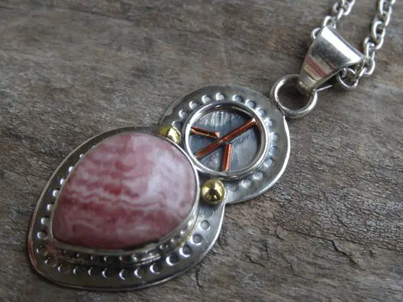 Rhodochrosite Sterling Silver 14k Gold Pendant Necklace - 18" Sterling Silver Chain - Rhodochrosite Pendant - Peace Sign Pendant - Copper