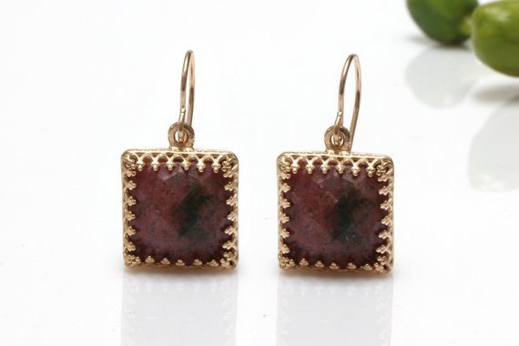 Rhodonite Earrings · Square Earrings · Gemstone Earrings · Dark Pink Earrings · Dangle Earrings · Bridesmaid Earrings